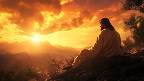 Figure in robe sits on rocky slope facing intense sunset glow