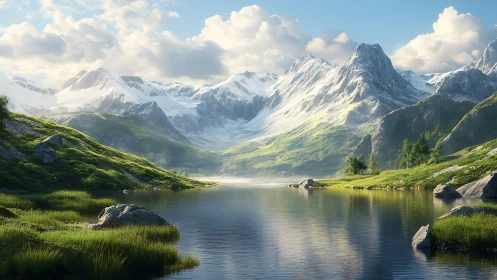 Sunlit alpine lake reflects snowcapped mountains in crisp detail