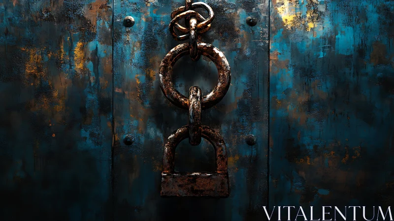 Rustbound lock and chain against moody teal metal door.