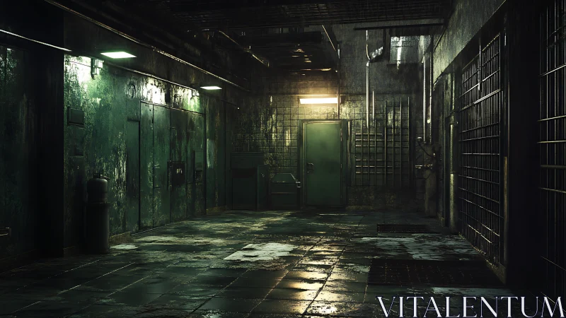 3D industrial corridor with wet tiles and moody prison lighting.