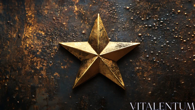 Golden five-point star on dark rusted textured metal wall.