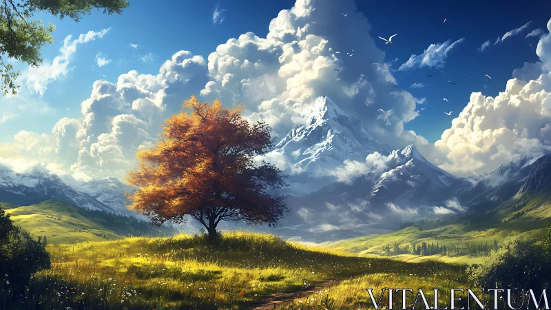 Lone ember tree dreaming beneath thunderous alpine clouds.