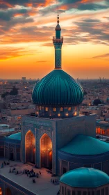 Sunset over turquoise-domed mosque above dense cityscape.