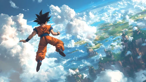 Aerial martial artist over stratified cloud archipelago panorama.