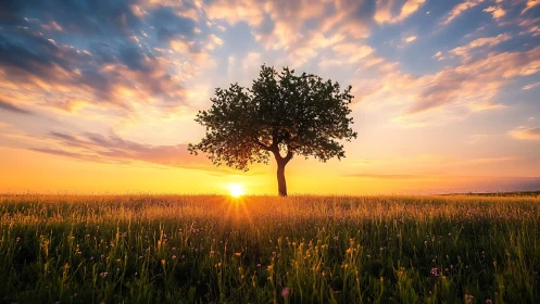 Solitary meadow sentinel crowned by a blazing sunrise sky.