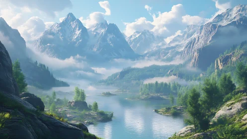 Snow-capped mountains rise above serene turquoise lake.