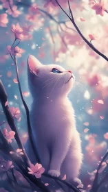 White cat studies falling petals under soft spring light