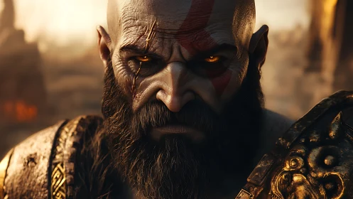 Cinematic close-up of scarred warrior with glowing eyes and armor
