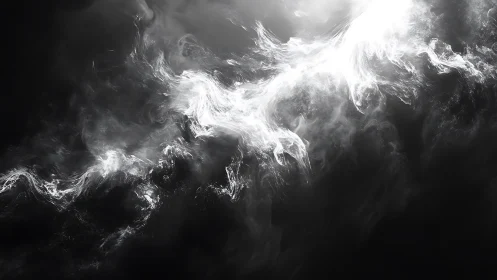 Monochrome turbulent light trails on dark background.