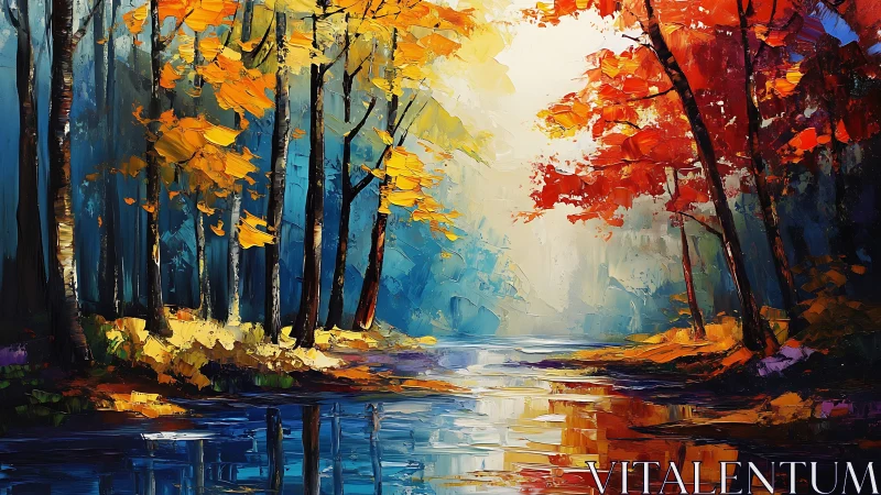 Autumn forest stream is depicted with high contrast foliage