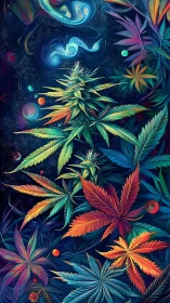 Chromatic cannabis botanicals in cosmic nebula environment.