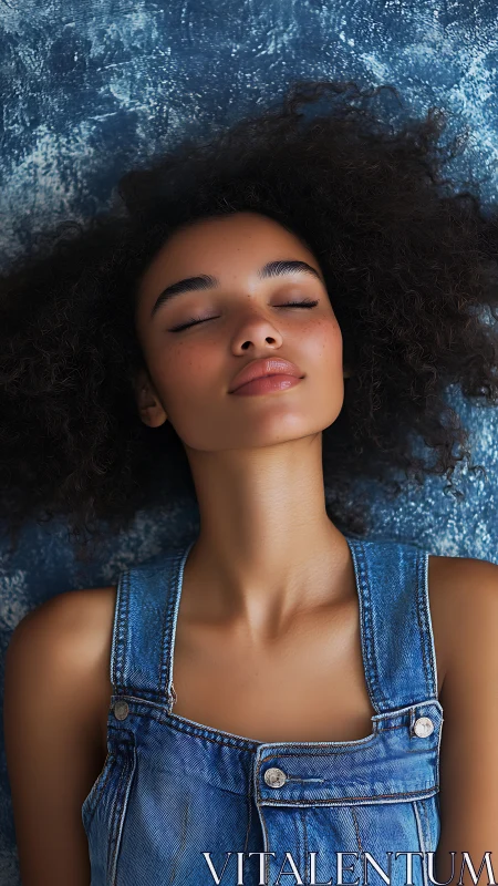 Close-up vertical portrait of relaxed woman in denim overalls