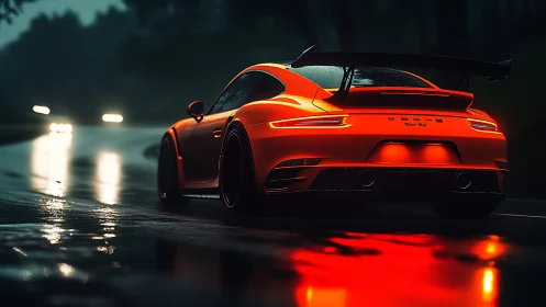 Orange sports car speeding on wet night highway in rain.