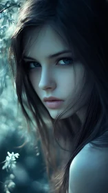 Moonlit gaze of a forest muse in cool teal hush.