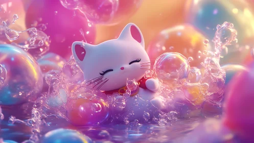 Stylized white cat figurine rendered in glossy 3D with iridescent bubble particle effects