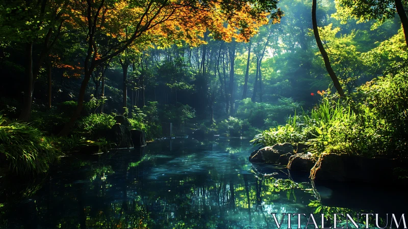 Sunlit forest pond invites calm reflection in lush greenery