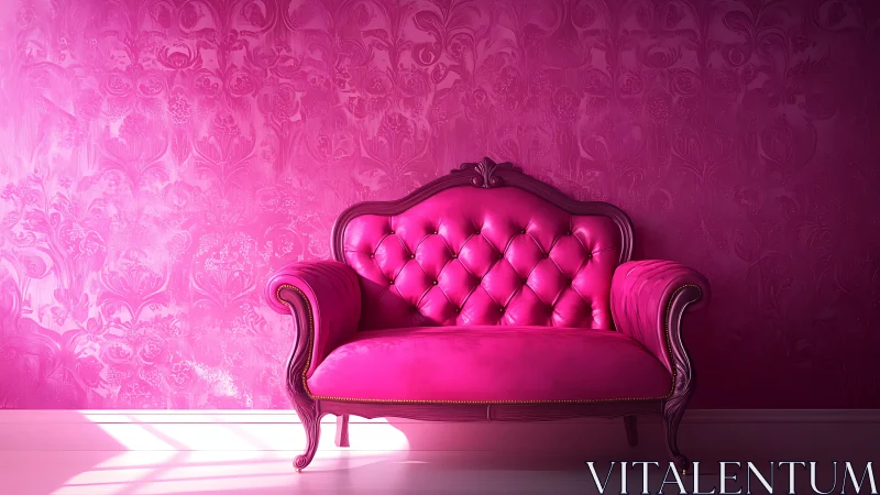 Pink tufted sofa against ornate monochrome wall background.