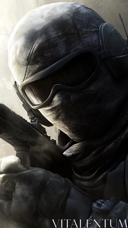 Shrouded marksman in frost-bitten tactical hush and glare.