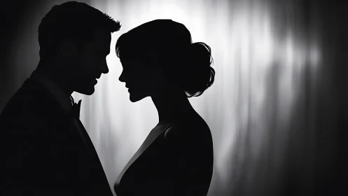 Silhouetted couple portrait exhibits intimate profile composition against luminous backdrop.