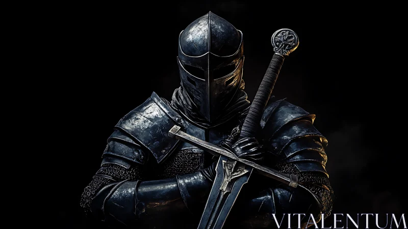 Armored knight in dark plate armor holding a longsword.