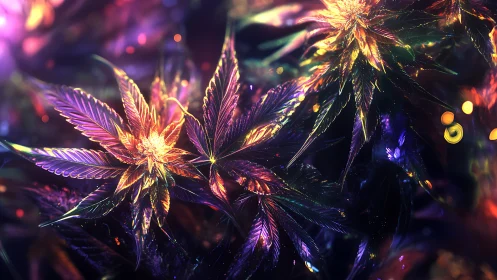 Prismatic jungle leaves glowing in neon twilight hush.