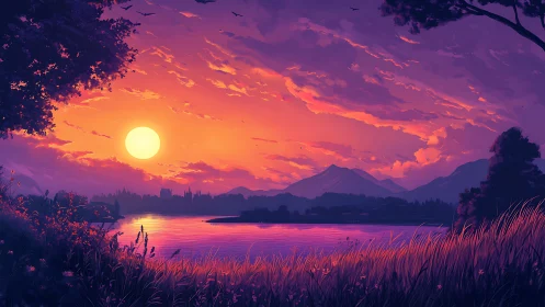 Radiant sunset illuminates tranquil lake and distant mountains.