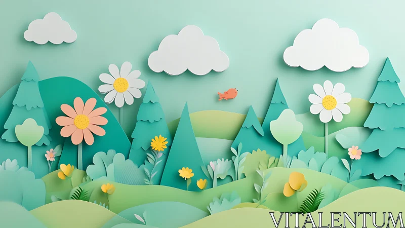 Whimsical layered meadow with paper-cut flowers and hills.