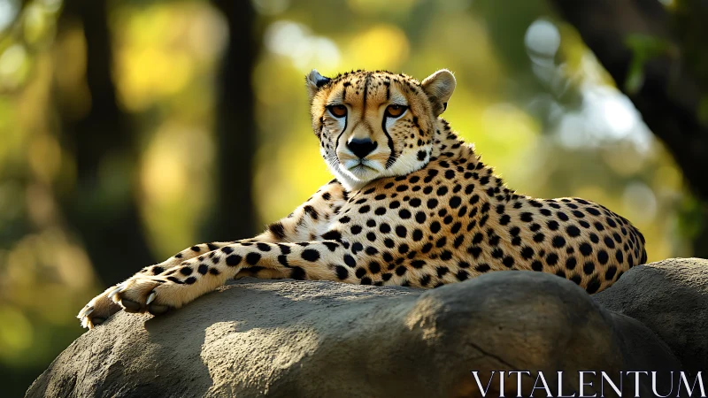 Resting cheetah stretches over sunlit rock in forest shade