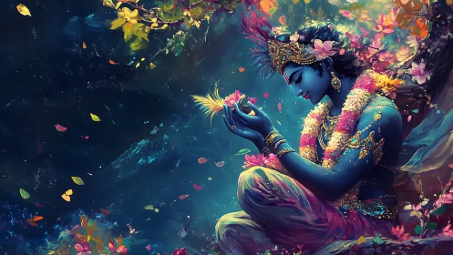 Gentle blue deity in blossoms cradling a glowing feather.