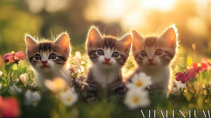 Three kittens in meadow with flowers bathed in golden sunlight