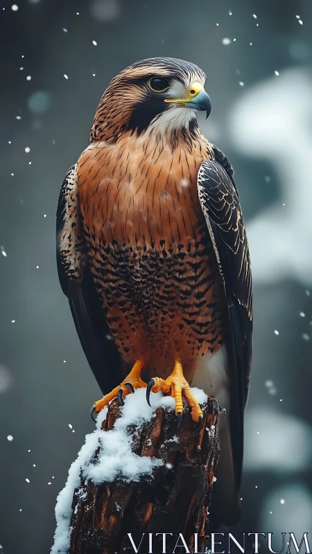 Majestic falcon stands alert on snowy perch in winter storm.