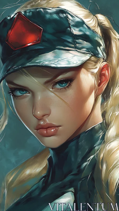 Focused blonde soldier in cap with red emblem portrait.