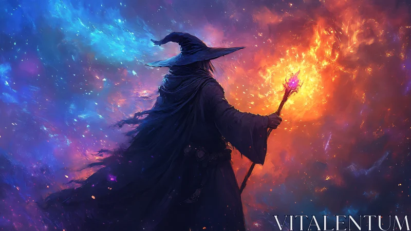 Fire mage commands blazing staff within cosmic storm.