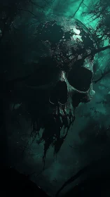 Rotting spectral skull looming above haunted mist forest.