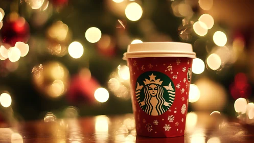Holiday coffee cup glows like a tiny hearth amid bokeh stars