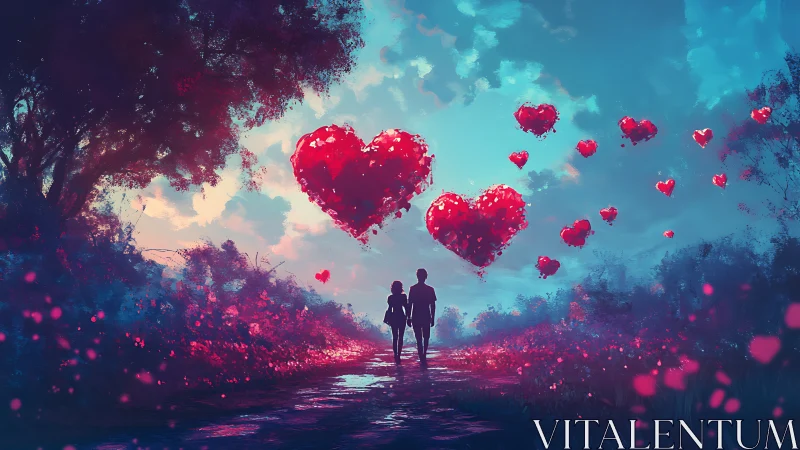 Luminescent Heart-Shaped Particles Rendered in Digital Surrealism.