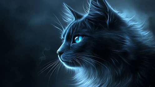 Luminous Black Cat with Piercing Blue Eyes.