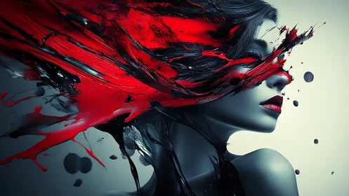 Digital portrait shows grayscale figure intersected by red paint