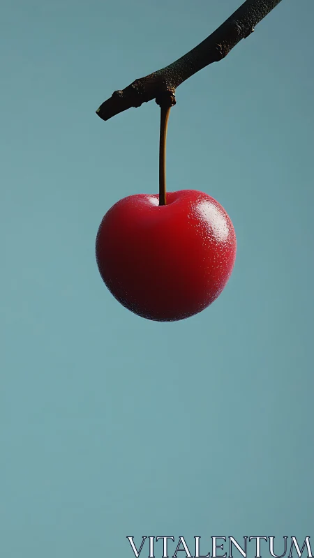 Minimalist photoreal cherry study on cyan negative space.