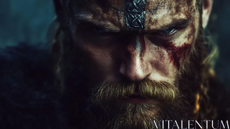 Battle-scarred Viking warrior glares with intense resolve