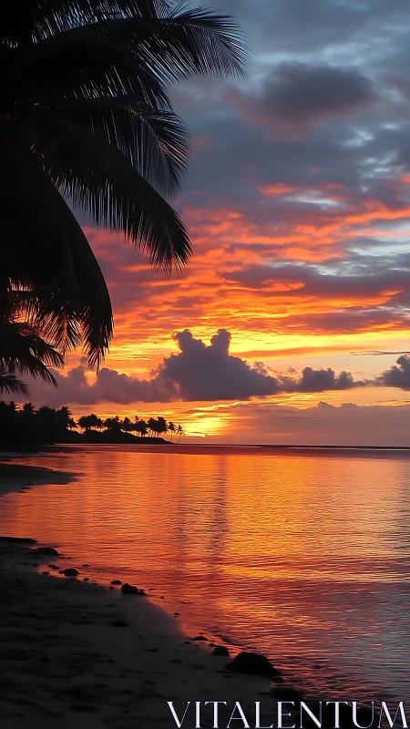 Palm-framed tropical sunset glows over calm reflective sea