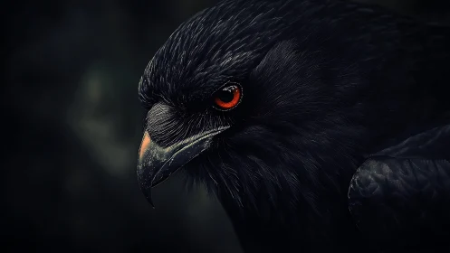 Striking Close-Up of Black Crow with Intense Red Eye in Dark Style.