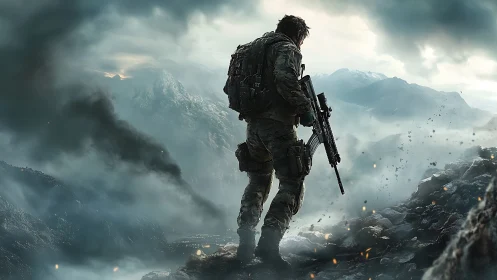 Tactical soldier surveys burning mountain battlefield at dawn.