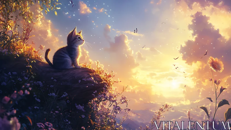 Felid silhouette observing volumetric sunset cloudscape glow.