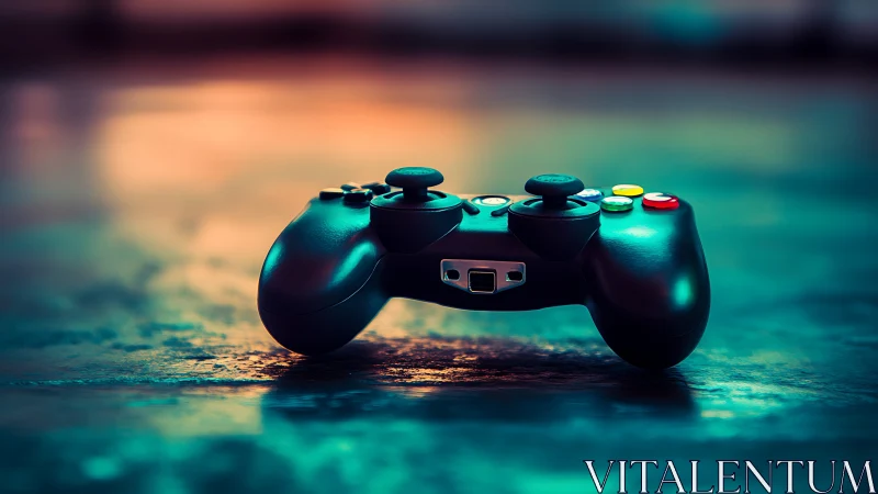 Glowing game controller emerges from neon-lit waters of cyber adventure