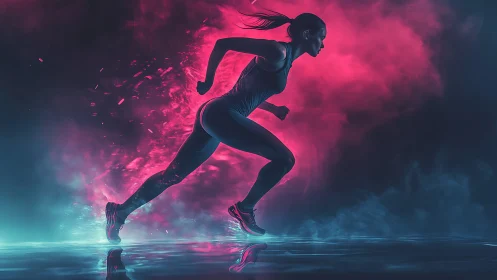 Neon-illuminated sprinter in dynamic lateral stride profile.