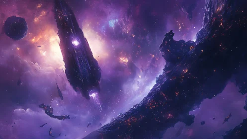 Violet starship drifts through ember-lit galactic ruins.