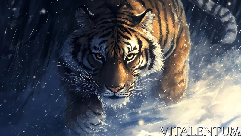 Tiger moving through winter snow in low light conditions.