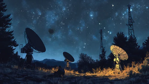 Quiet night sky and glowing radio dishes listening for stars.