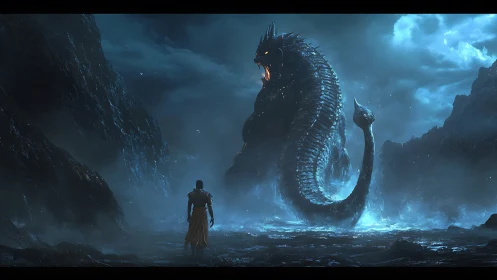Warrior confronts colossal sea serpent in stormlit canyon